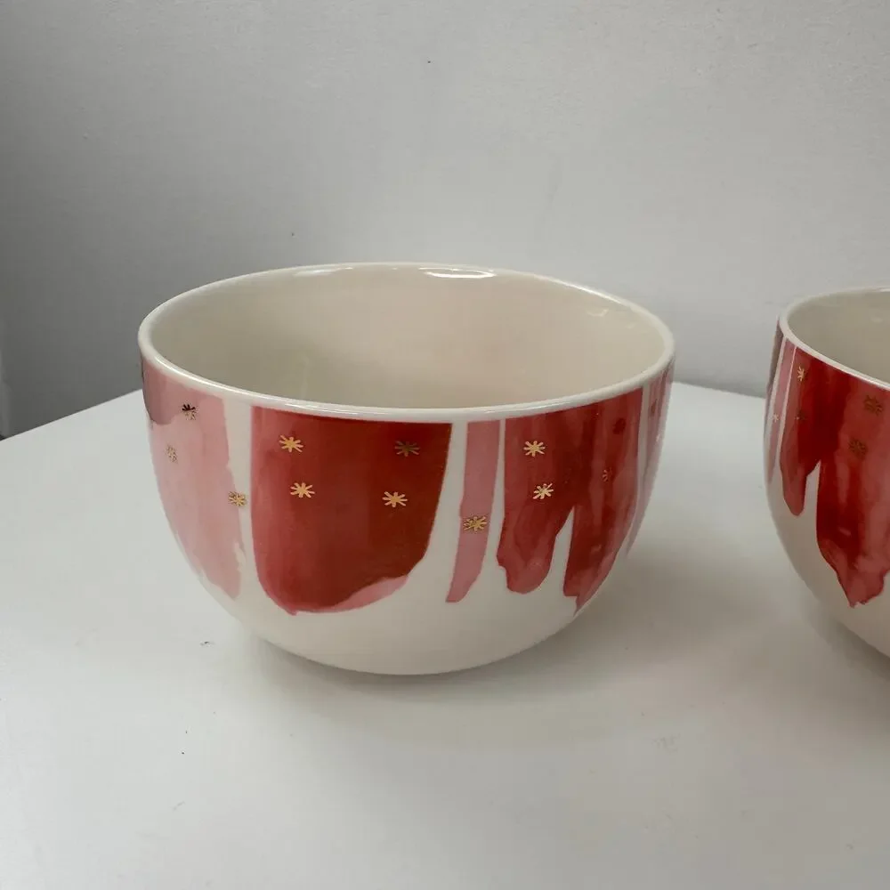 Anthropologie Night Sky Cereal Bowls Watercolor Gold Star Ceramic Round Set of 2